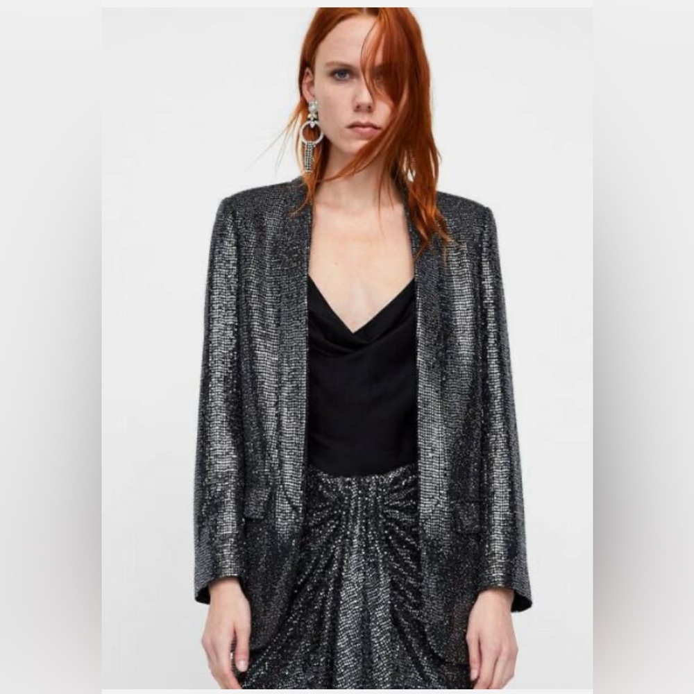 RARE ZARA SEQUINED SHINNY SILVER JACKET BLAZER BLOGGERS